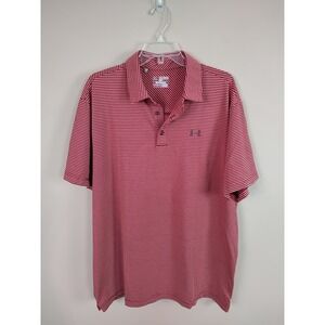 Under Armour Mens HeatGear Striped Polo Shirt Red Black 2XL Loose Short Sleeve